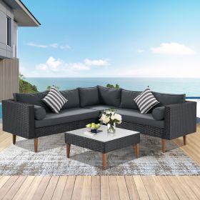 4-pieces Outdoor Wicker Sofa Set; Patio Furniture with Colorful Pillows; L-shape sofa set; Beige cushions and Brown Rattan