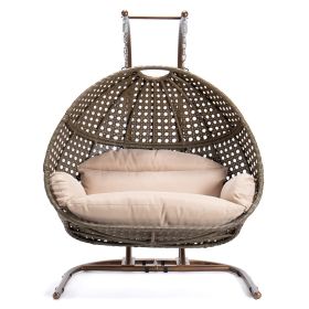 Brown Wicker Hanging Double-Seat Swing Chair with Stand w/Beige Cushion