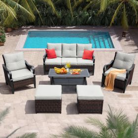 6 Pcs Outdoor Sectional Sofa With Reclining Backrest, Ottomans, Black Cushions